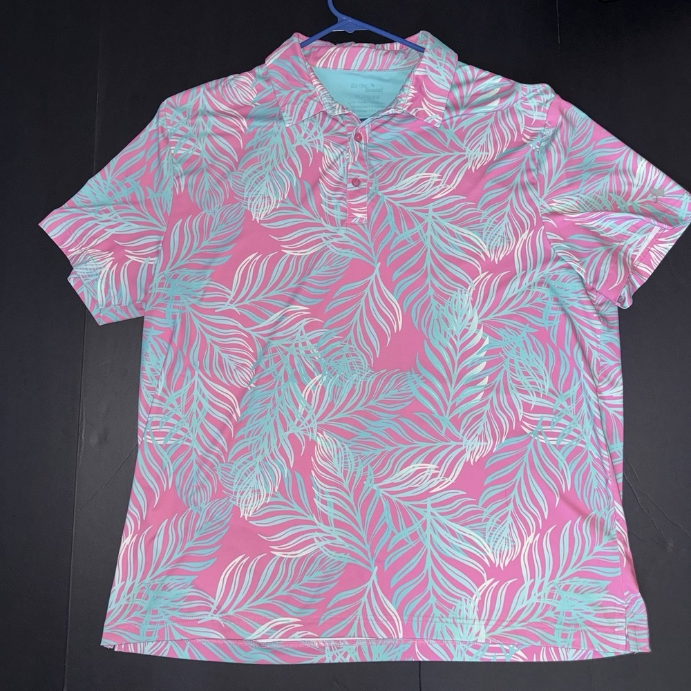 Men's XL Birdie Bound Polo Shirt Pink Blue White Leaf Print Short Sleeve Logo